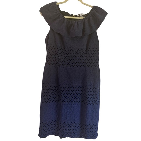 Karl Lagerfeld Paris Navy Off-Shoulder Eyelet Dress SZ 12 Ruffle Neck Cotton Mid - Picture 3 of 8